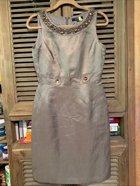 Alex Marie Taupe Beaded Neck Midi Sheath Dress